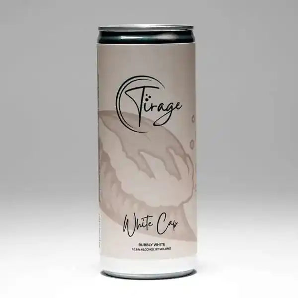 Cylindrical can with 'Tirage White Cap' branding on a gray background
