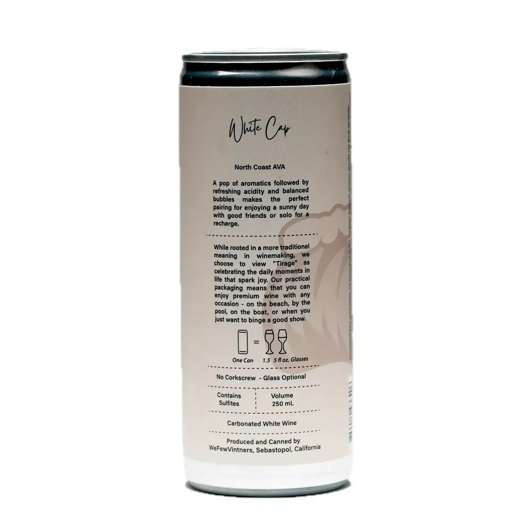 Canned wine labeled 'White Cap' on a white background