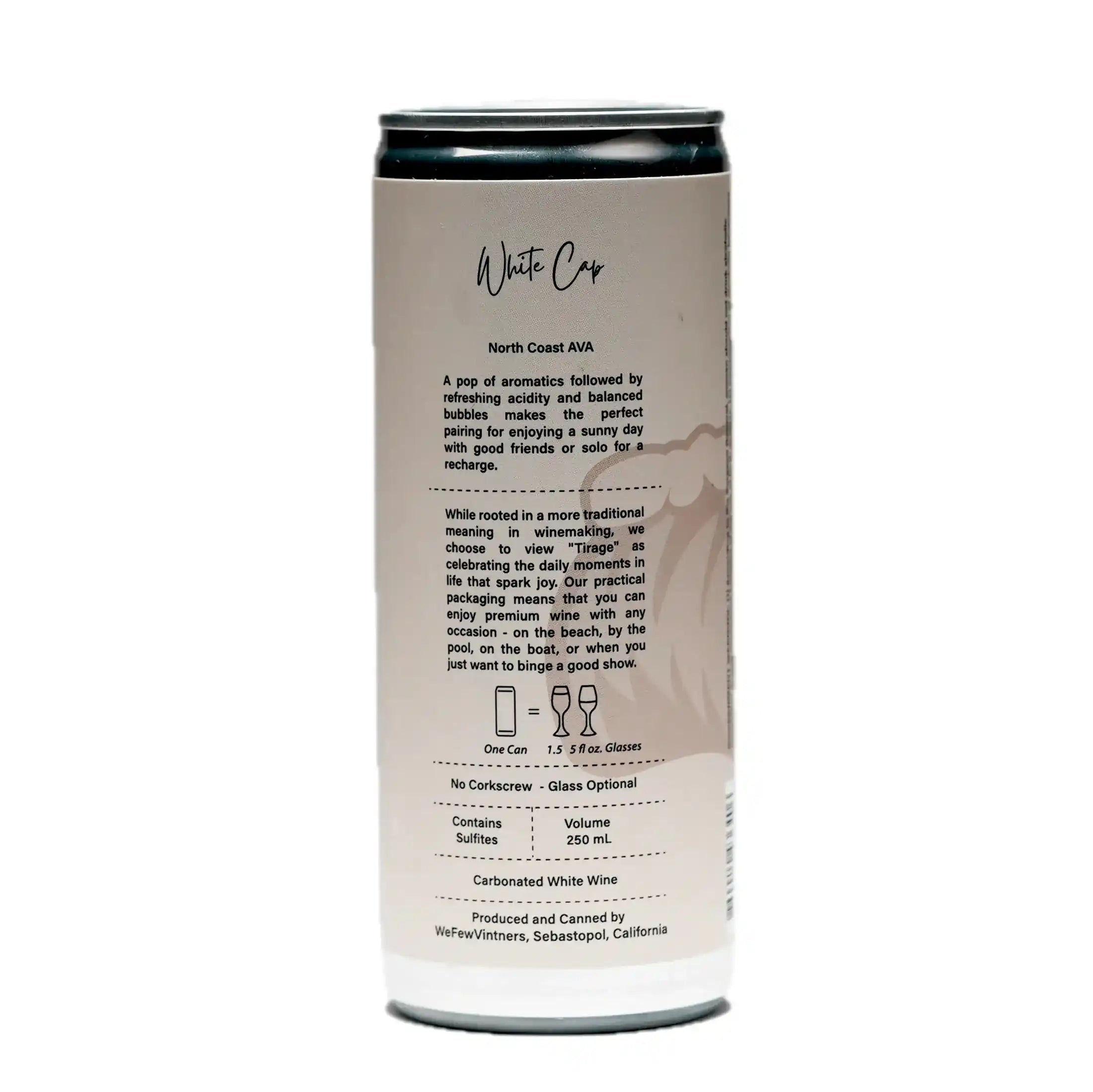 Canned wine labeled 'White Cap' on a white background